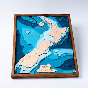 Nieuw-Zeeland kaart hout bathymetrische kaart, aangepaste houten meer, rivier kaart, gepersonaliseerde ingelijste kaart, laser gegraveerde kunst aan de muur, housewarming cadeau