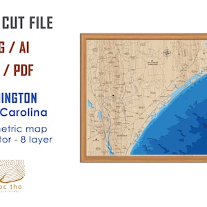 May include: A laser cut file of a bathymetric map of Wilmington, North Carolina. The map is in a wooden frame and shows the coastline and surrounding waters. The file is available in SVG, AI, DXF, and PDF formats. The text "LASER CUT FILE", "SVG/AI", "DXF/PDF", "WILMINGTON", "North Carolina", "Bathymetric map", "File Vector - 8 layer", and "moc tho" is visible in the image.