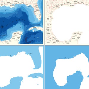 Pu&ograve; includere: Una mappa del Golfo del Messico con curve di livello di profondit&agrave; mostrate in tonalit&agrave; di blu. La mappa mostra anche le masse terrestri circostanti e le principali citt&agrave;.