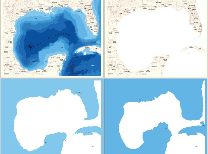 Pu&ograve; includere: Una mappa del Golfo del Messico con curve di livello di profondit&agrave; mostrate in tonalit&agrave; di blu. La mappa mostra anche le masse terrestri circostanti e le principali citt&agrave;.