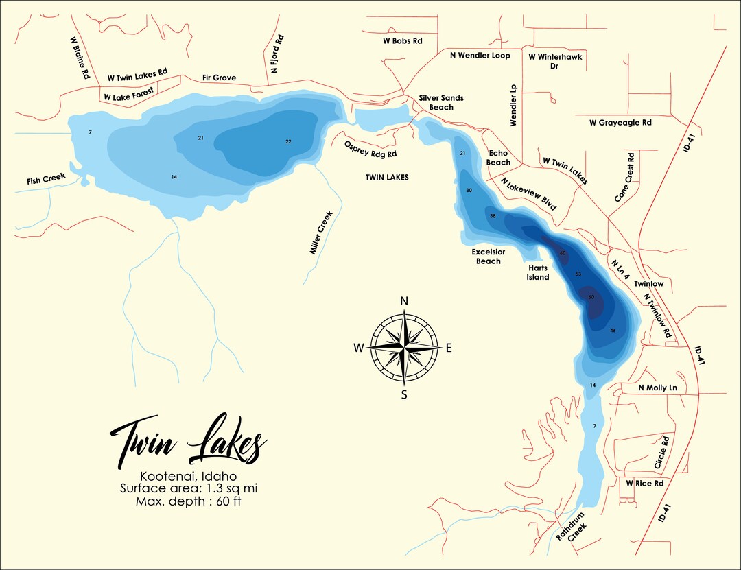 Digital File PDF, SVG Twin Lakes Idaho Map, Bathymetric Depth Layers