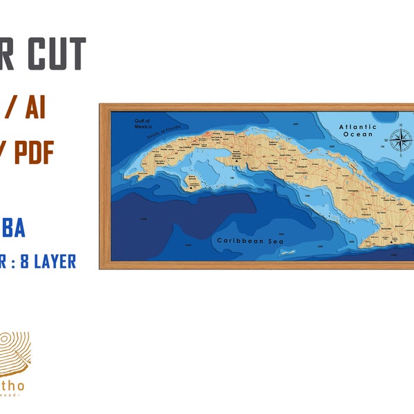 Digital File PDF, SVG - Cuba Country map Bathymetric Depth Layers SVG File, Layered Vector, Laser Cut File, wedding gift,