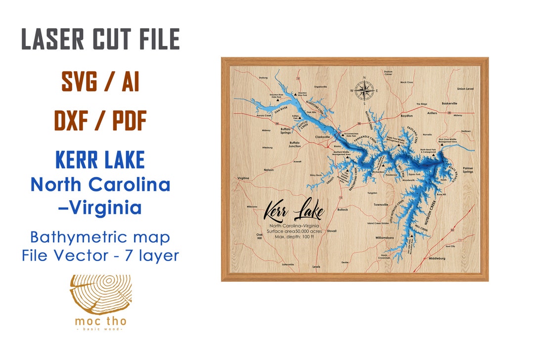 Digital File PDF, SVG Kerr Lake North Carolina Map Bathymetric Depth
