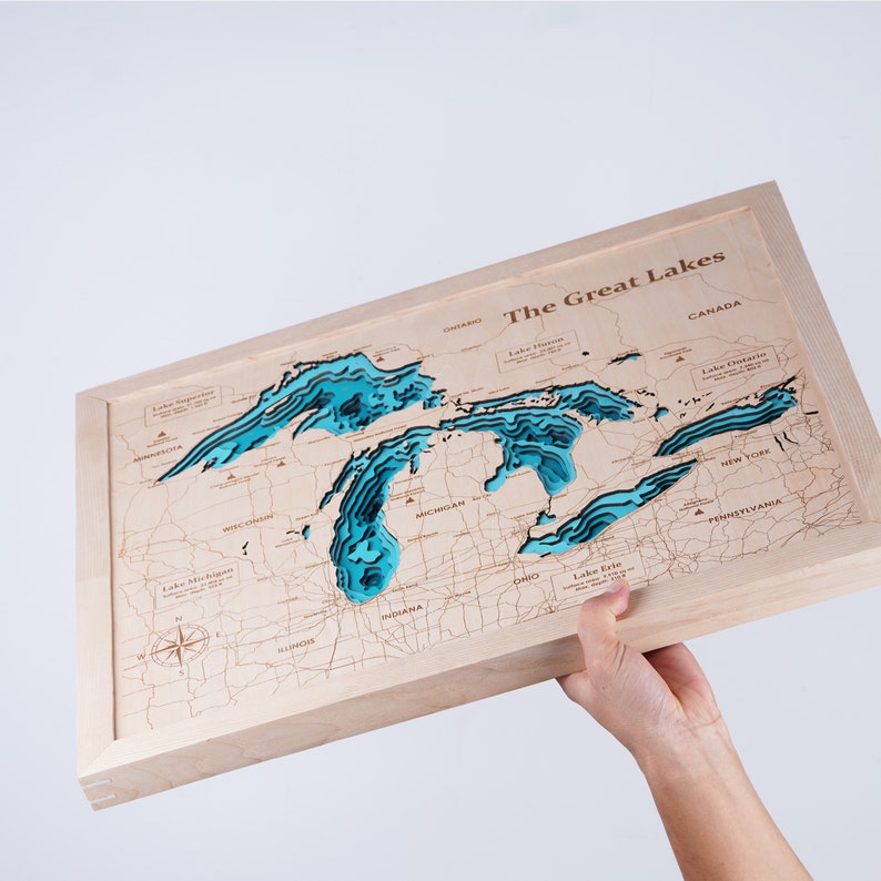 The Great Lakes Wood Map 3D Custom Lake, Island, Coast Map Bathymetric ...