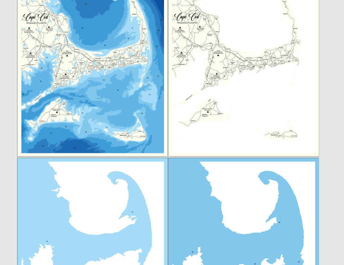 Digital File PDF, SVG - Cape Cod Massachusett Bathymetric Depth Layers ...
