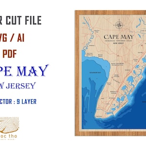 File digitale PDF, SVG - Mappa di Cape May New Jersey, file SVG di livelli di profondità batimetrica, vettore a strati, file tagliato al laser, regalo di nozze