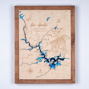 Houten kaart Lake Hamilton Arkansas 3D Custom kaart Lake, Island, Coast Bathymetrische kaart, Cabin House Wall Art, kerstcadeaus