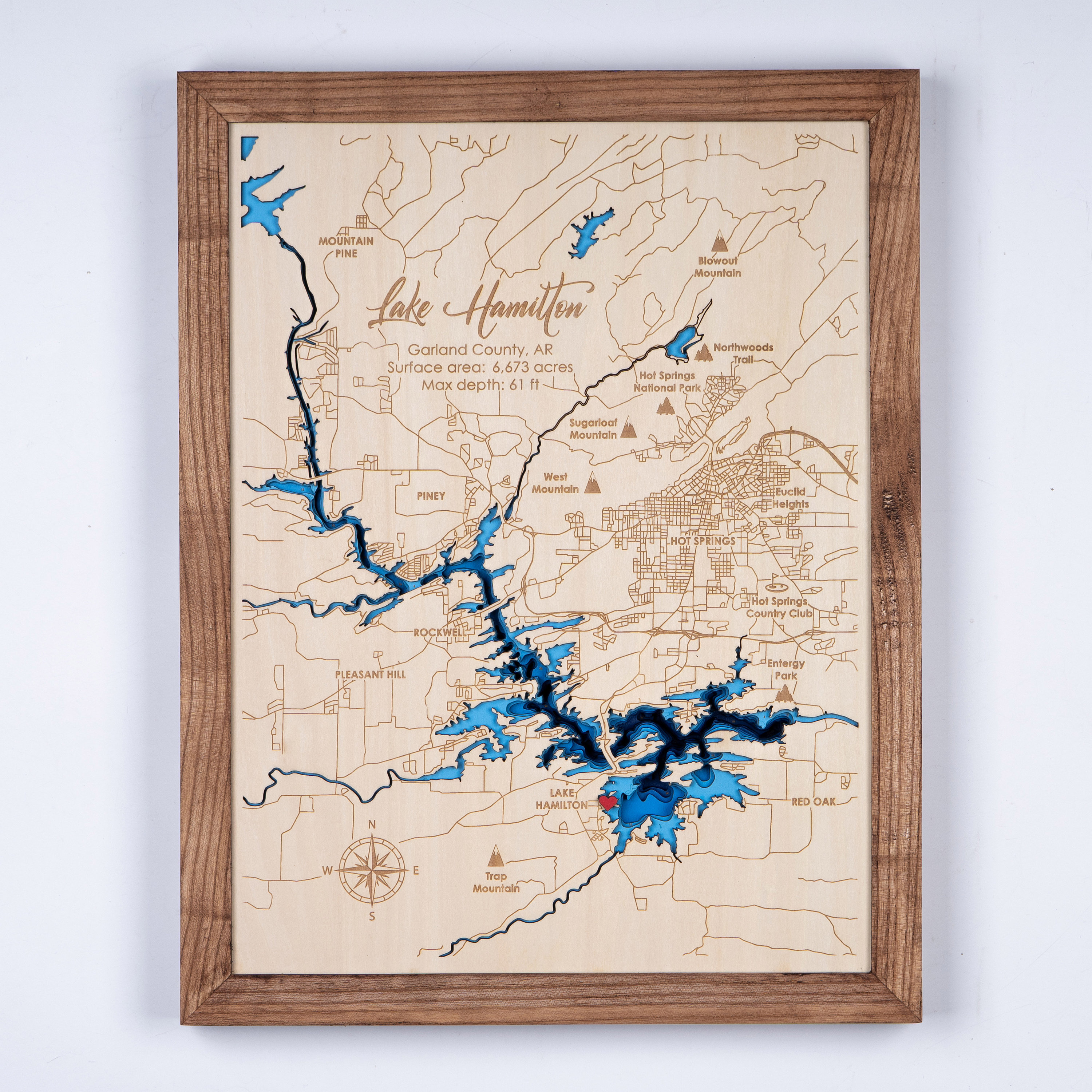 Lake Hamilton Arkansas Wood Map 3D Custom Lake, Island, Coast Map