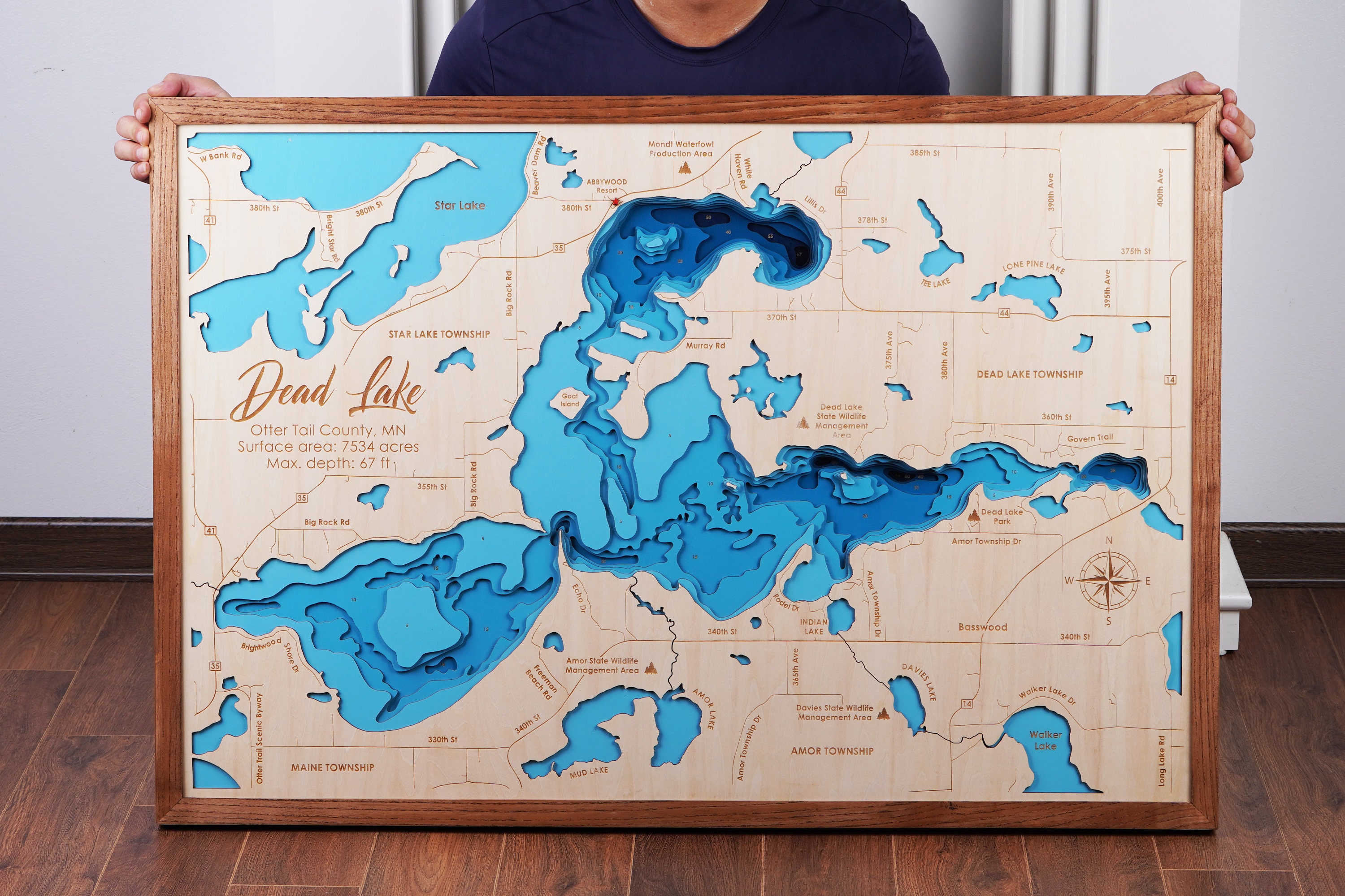 Dead Lake Minnesota Wood Map 3D Custom Lake, Island, Coast Map ...