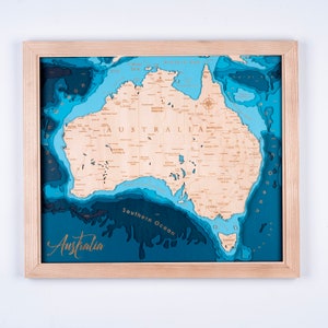 Houten kaart Australië 3D Custom Lake, Island, Coast kaart bathymetrische kaart, Cabin House Wall Art, kerstcadeaus, Nieuwjaar