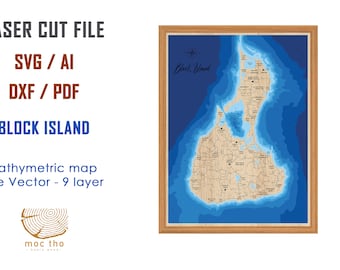 Digital File DXF, AI, SVG - Block Island Ri map bathymatric map , Custom wood lake, river map, laser engraved wall art, housewarming gift