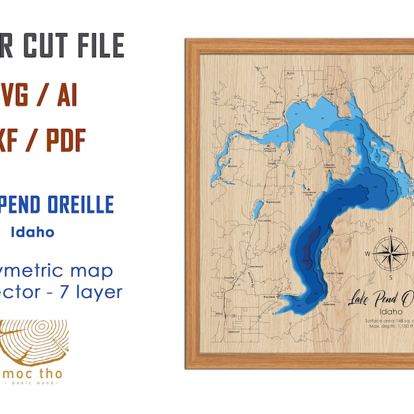 Digital File PDF, SVG - Lake Pend Oreille Idaho, Bathymetric Depth Layers SVG File, Layered Vector, Laser Cut File, wedding gift,