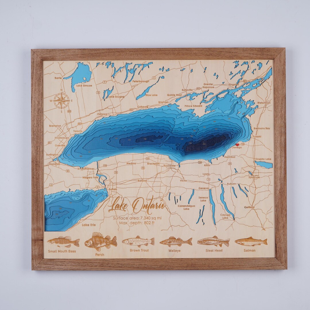 Fishing Map - Lake Ontario and Fishs Wood Map 3D Custom Lake, Island ...