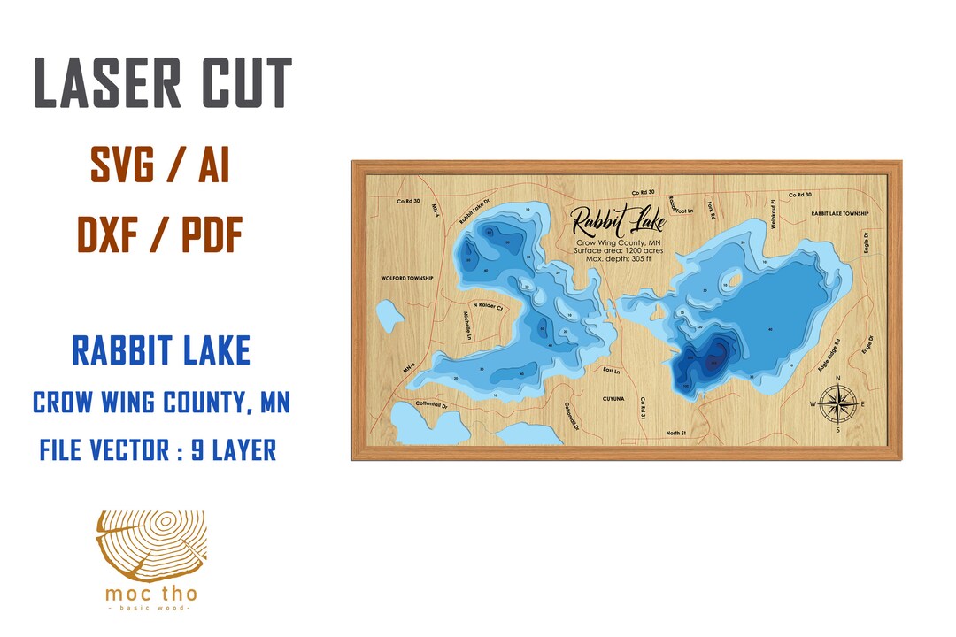 Digital File PDF, SVG Rabbit Lake Township Minnesota Map, Bathymetric