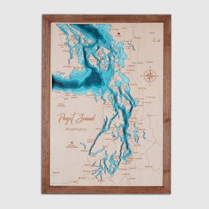 Houten kaart Puget Sound Washington 3D Custom Lake, Island, Coast kaart bathymetrische kaart, Cabin House Wall Art, kerstcadeaus
