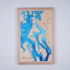 Houten kaart Whidbey Island Washington 3D Custom Lake, Island, Coast kaart Bathymetrische kaart, Cabin House Wall Art, kerstcadeaus