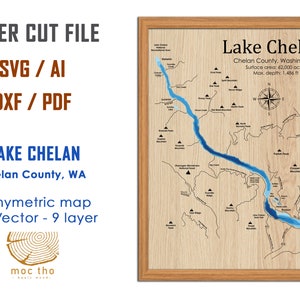 Digital File PDF, SVG - Lake Chelan, Bathymetric Depth Layers SVG File, Layered Vector, Laser Cut File, wedding gift,