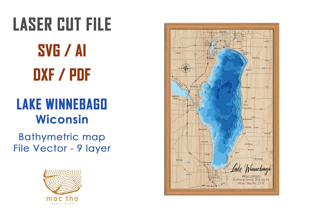 Digital File PDF, SVG Lake Winnebago Wisconsin Map, Bathymetric Depth