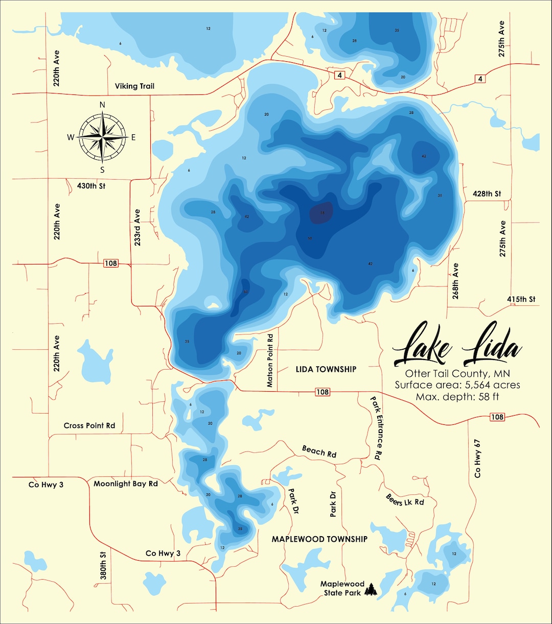 Digital File PDF SVG Lake Lida Minnesota Bathymetric Depth Etsy