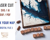 Digital File DXF, AI, SVG - Custom map wood bathymetric map , Custom wood lake, river map, laser engraved wall art, housewarming gift