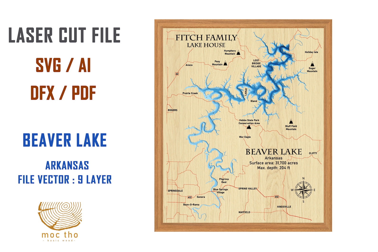 Digital File PDF, SVG - Beaver Lake Arkansas Map Bathymetric Depth