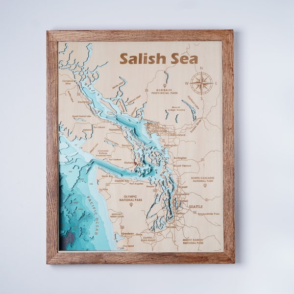 Salish Sea wood map 10 layer - Custom map wood bathymatric map, Custom lake, river map, laser engraved wall art, housewarming gift