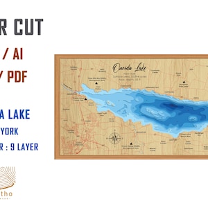 Archivo digital PDF, SVG - Mapa del lago Oneida, Nueva York, Archivo SVG de capas de profundidad batimétrica, Vector en capas, Archivo cortado con láser, regalo de boda