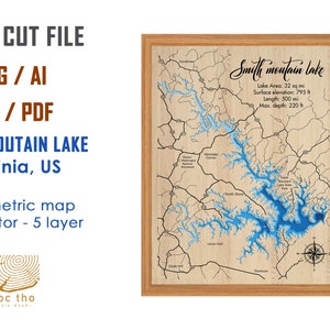 Digital File PDF, SVG - Smith Moutain Lake Map Bathymetric Depth Layers SVG File, Layered Vector, Laser Cut File, wedding gift