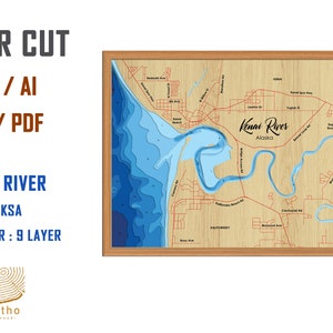 Fichier numérique PDF, SVG - fichier SVG de couches de profondeur bathymétrique Kenai River, Alaska, vecteur de couches, fichier découpé au laser, cadeau de mariage,