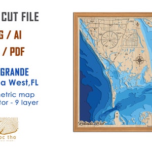 May include: A laser cut map of Rotonda West, Florida, with a wooden frame. The map is a bathymetric map, showing the depth of the water. The map is labeled "Boca Grande Rotonda West, FL". The map is available in SVG, AI, DXF, and PDF formats. The map is a 9-layer vector file.