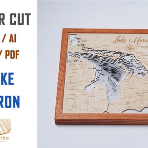 Fichier numérique DXF, AI, SVG - carte bathymétrique en bois du lac Huron, lac en bois personnalisé, carte de la rivière, art mural gravé au laser, cadeau de pendaison de crémaillère
