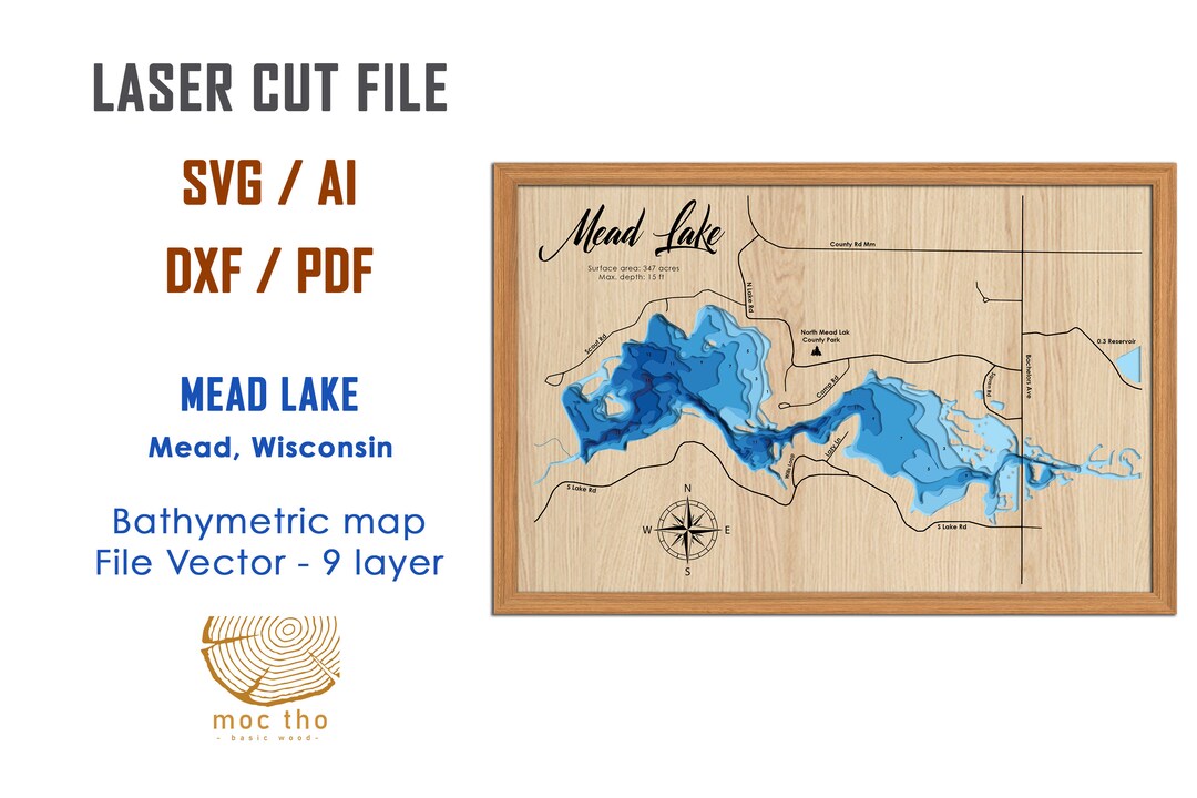 Digital File PDF, SVG Mead Lake Wisconsin Bathymetric Depth Layers SVG