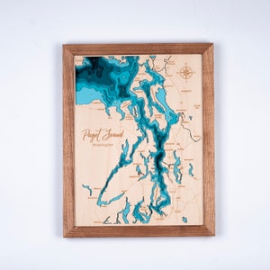 Houten kaart Puget Sound Washington 3D Custom Lake, Island, Coast kaart bathymetrische kaart, Cabin House Wall Art, kerstcadeaus, Nieuwjaar