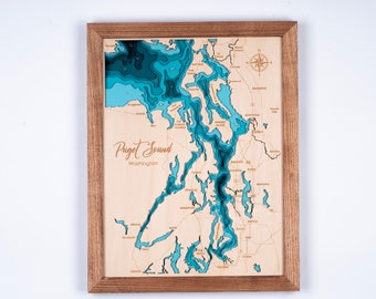 Puget Sound Washington wood map 3D Custom Lake, Island, Coast map bathymetric map, Cabin House Wall Art, Christmas gifts, New Year