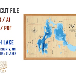 Digital File DXF, AI, SVG - Rush Lake Mn map wood bathymetric map , Custom wood lake, river map, laser engraved wall art, housewarming gift