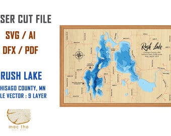 Archivo digital DXF, AI, SVG - Mapa batimétrico de madera de Rush Lake Mn, mapa de lago de madera personalizado, mapa de río, arte de pared grabado con láser, regalo de inauguración de la casa