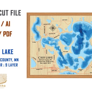 Archivo digital PDF, SVG - Mapa del lago Cass, Minnesota. Capas de profundidad batimétrica. Archivo SVG, Vector en capas, Archivo cortado con láser.
