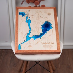 Contoocook Lake New Hampshire houten kaart 3D Custom kaart Lake, Island, Coast Bathymetrische kaart, Cabin House Wall Art, kerstcadeaus