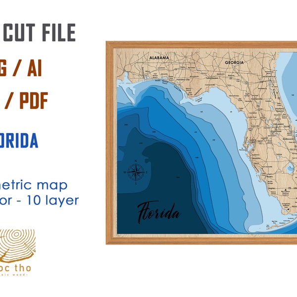 Digital File PDF, SVG - Florida State, Bathymetric Depth Layers SVG File, Layered Vector, Laser Cut File, wedding gift