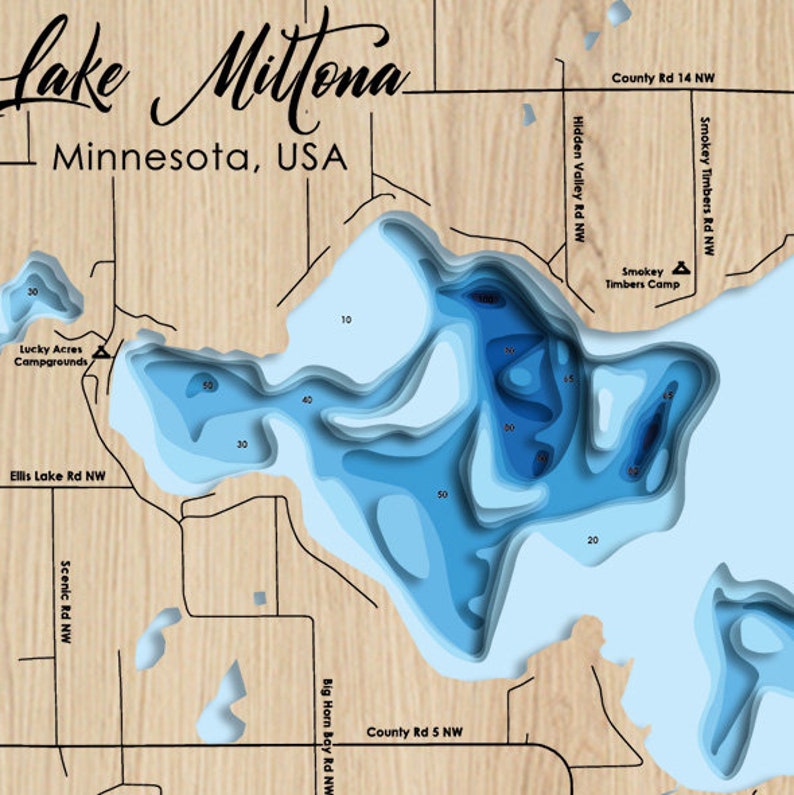 Digital File PDF SVG Lake Miltona Mn Map Bathymetric Depth Etsy Australia