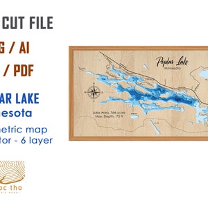 Digital File PDF, SVG - Poplar Lake Minnesota Map Bathymetric Depth Layers SVG File, Layered Vector, Laser Cut File, wedding gift