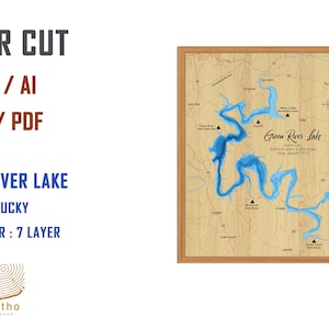 Archivo digital PDF, SVG - Mapa del lago Green River Kentucky Archivo de capas de profundidad batimétrica, Vector en capas, Archivo cortado con láser, regalo de boda,