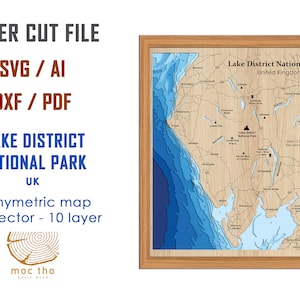 Digitaal bestand PDF, SVG - Lake District National Park UK Bathymetrische diepte lagen SVG-bestand, gelaagde vector, laser gesneden bestand, huwelijkscadeau,