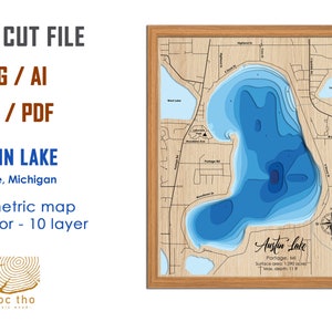 Digital File PDF, SVG - Austin Lake Portage Michigan , Bathymetric Depth Layers SVG File, Layered Vector, Laser Cut File, wedding gift,