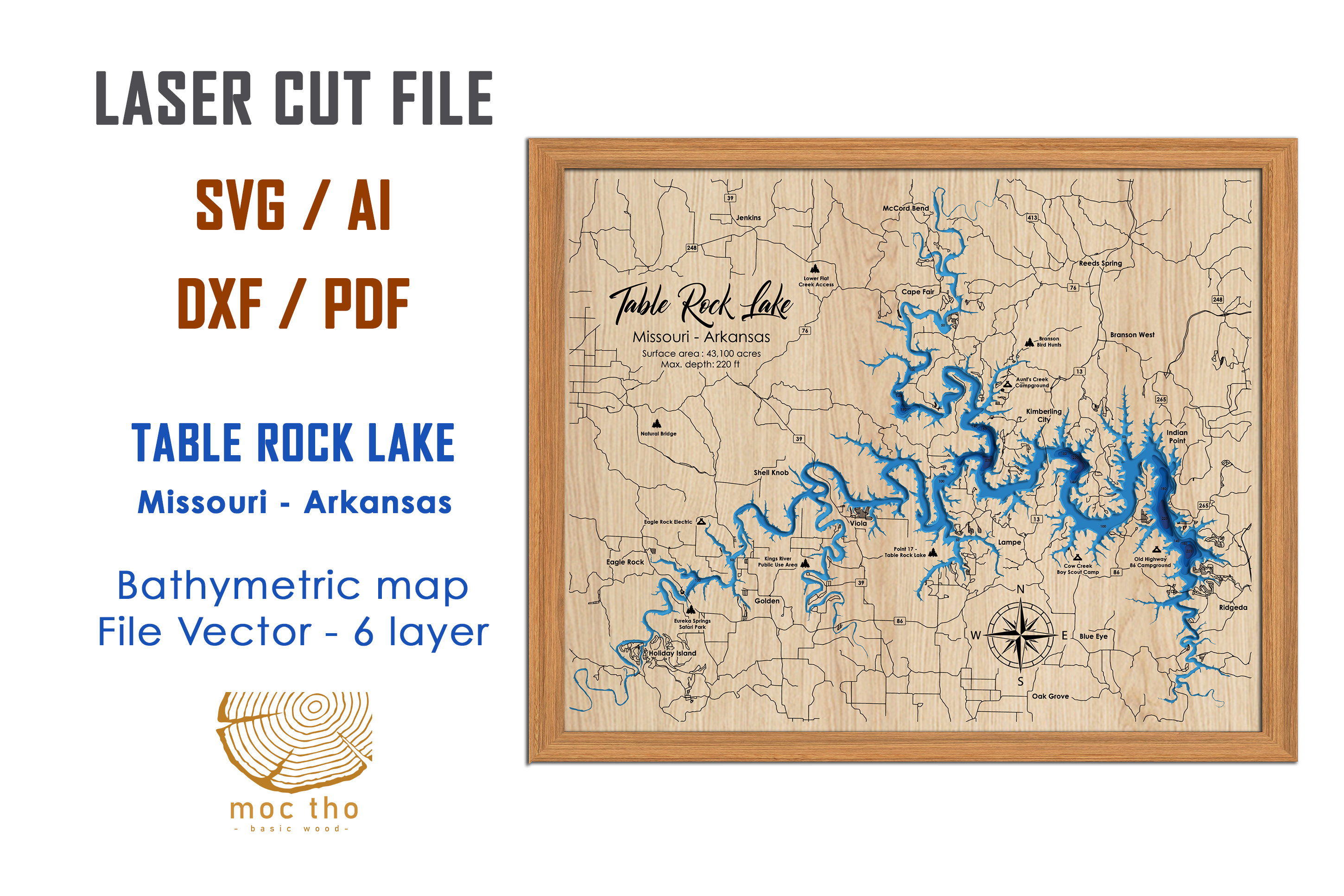 Digital File PDF, SVG - Table Rock Lake, Bathymetric Depth Layers SVG File, Layered Vector, Laser Cut File, wedding gift,