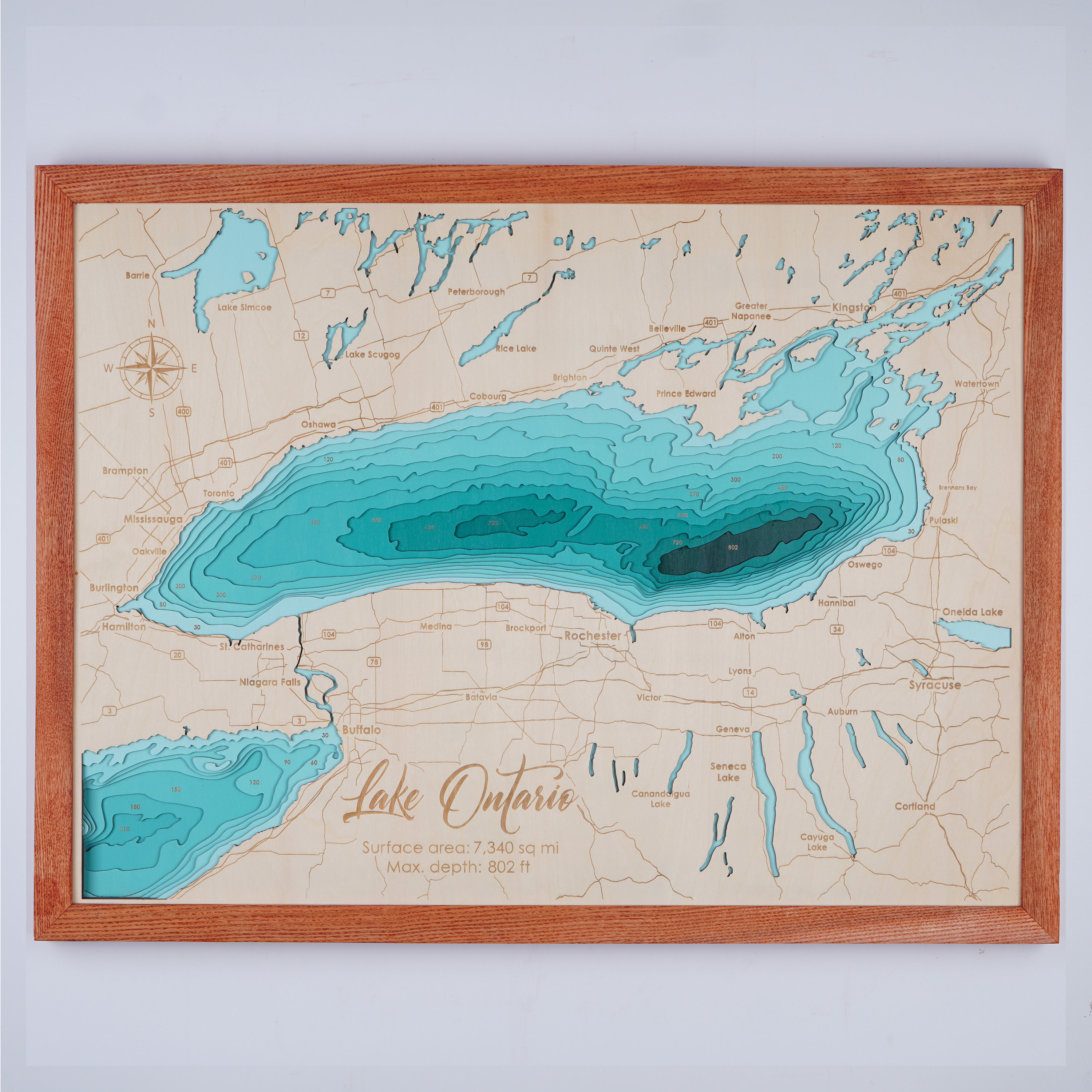 Lake Ontario Wood Map 3D Custom Lake, Island, Coast Map | Bathymetric ...
