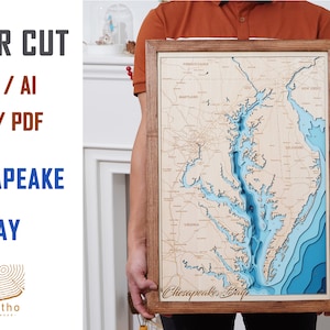 File digitale PDF, SVG - Mappa batimetrica in legno della baia di Chesapeake, mappa personalizzata in legno di laghi e fiumi, arte murale incisa al laser, regalo di inaugurazione della casa