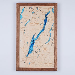 Mappa in legno di Lake George New York 3D Lago personalizzato, Isola, Mappa della costa Mappa batimetrica, Arte della parete della cabina, Regali di Natale