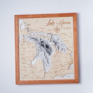 Lake Huron 3D Wood bathymetrisch | Meerlagig meer, eiland, zeekust, Cabin House Wall Art | Inwijdingsfeest, kerstcadeaus