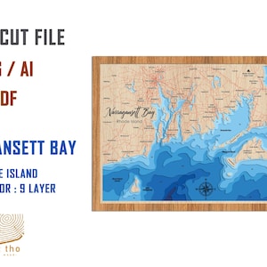 Digitale Datei - PDF, SVG - Narragansett Bay Bay Rhode Island Bathymetrische Tiefe Schichten SVG-Datei, Schicht Vektor, Laser Cut Datei, Hochzeitsgeschenk
